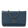 Shiny Caviar Quilted Enamel CC Wallet On Chain WOC Blue