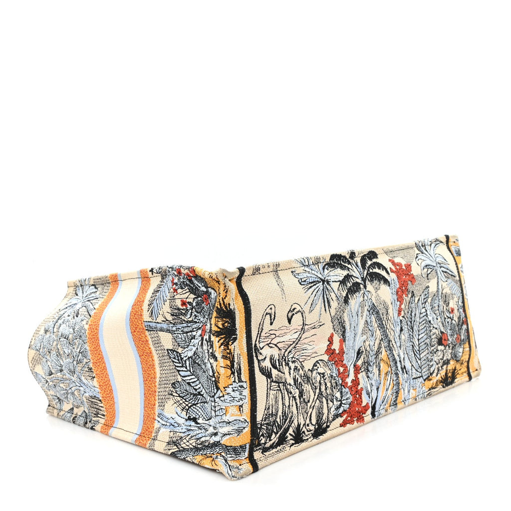 Canvas Embroidered Toile De Jouy Tropicalia Large Book Tote Denim Blue
