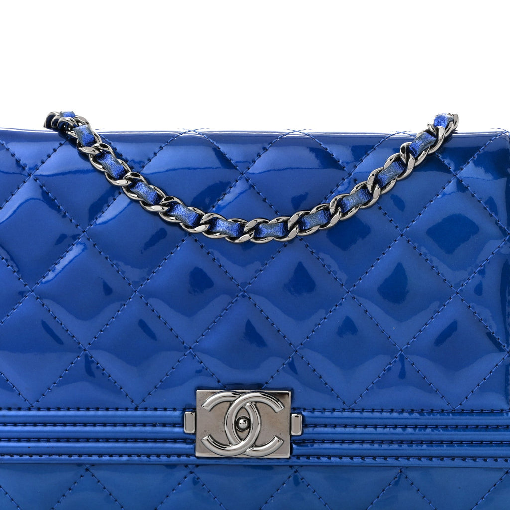 Metallic Patent Calfskin Quilted Boy Wallet on Chain WOC Blue