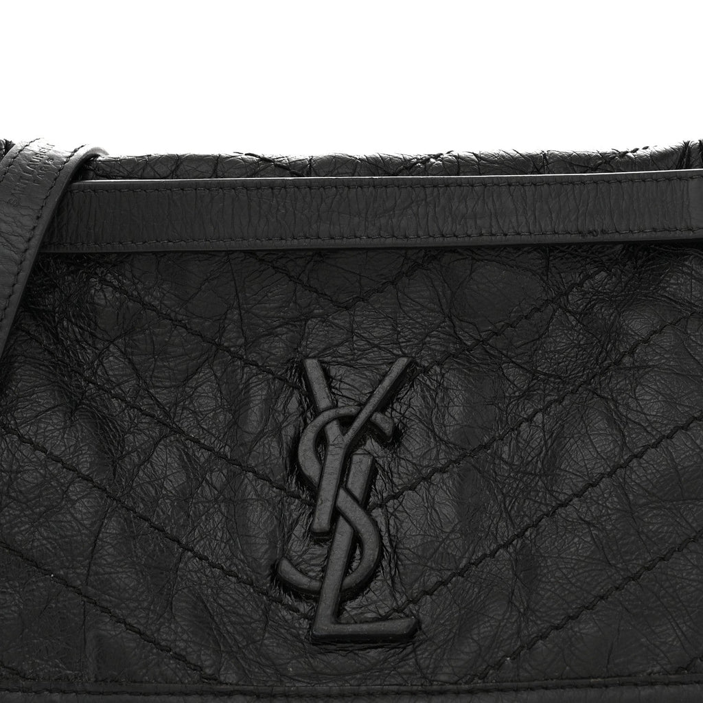 Crinkled Calfskin Matelasse Monogram Medium Niki Chain Satchel Black
