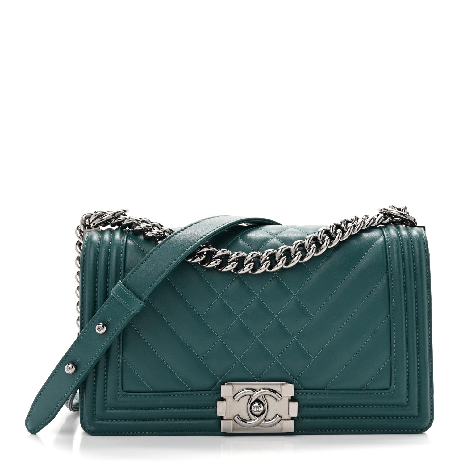 Calfskin Chevron Quilted Medium Boy Flap Turquoise