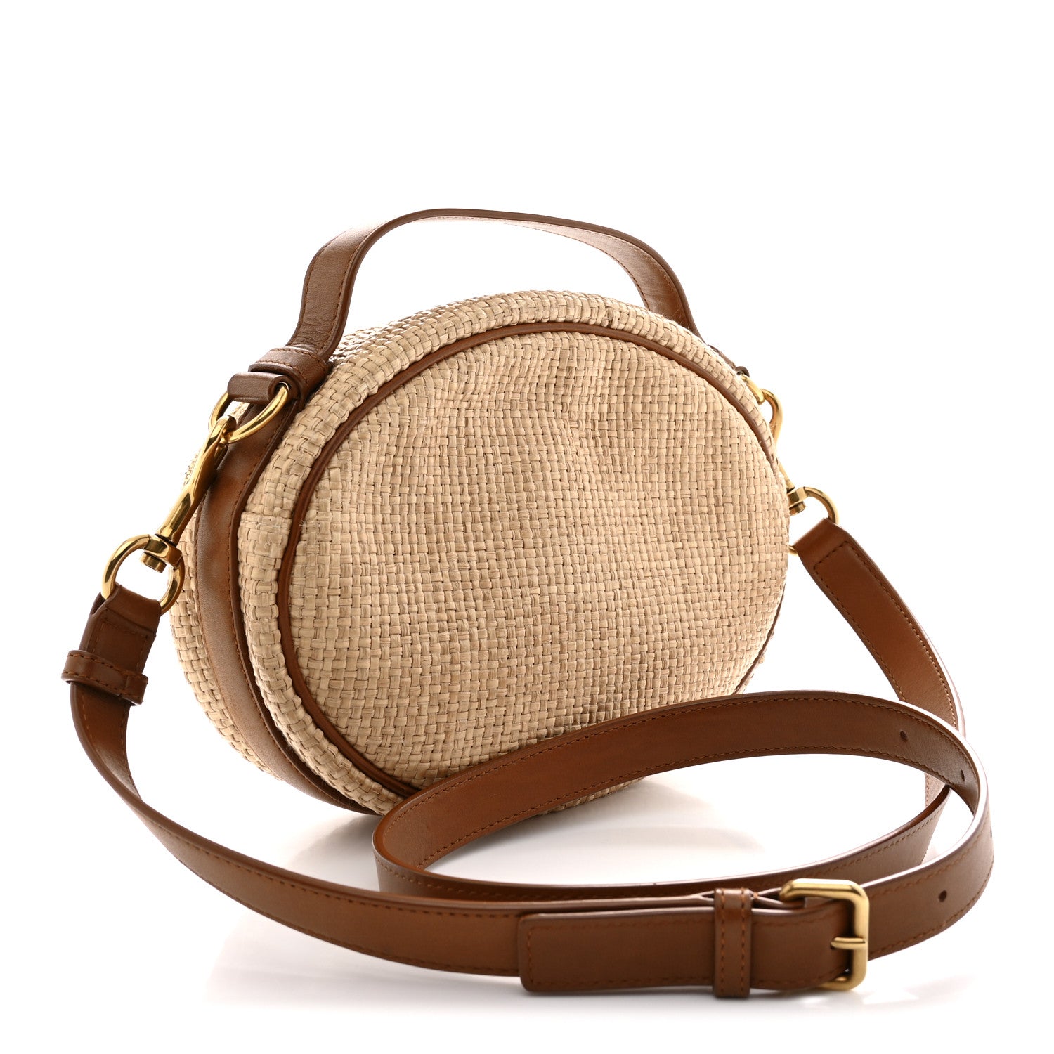 Raffia Calfskin Round Camera Bag Golden Ecru Brick