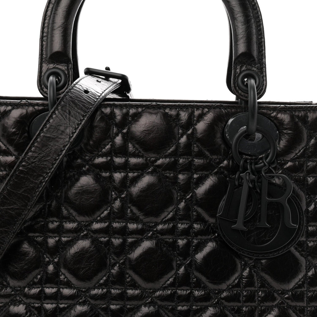 Crinkled Calfskin Cannage Medium Lady Dior Black