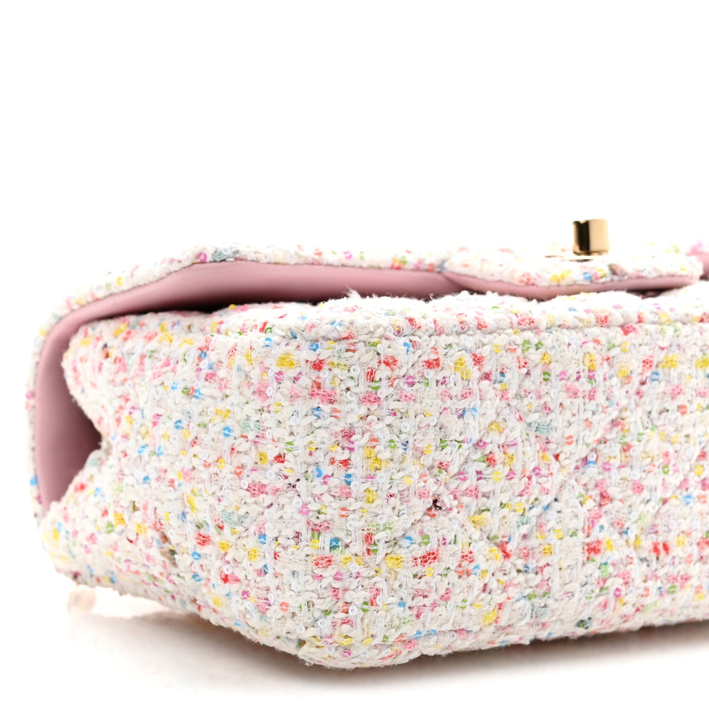 Tweed Sequin Quilted Mini Rectangular Flap White Pink Green Blue