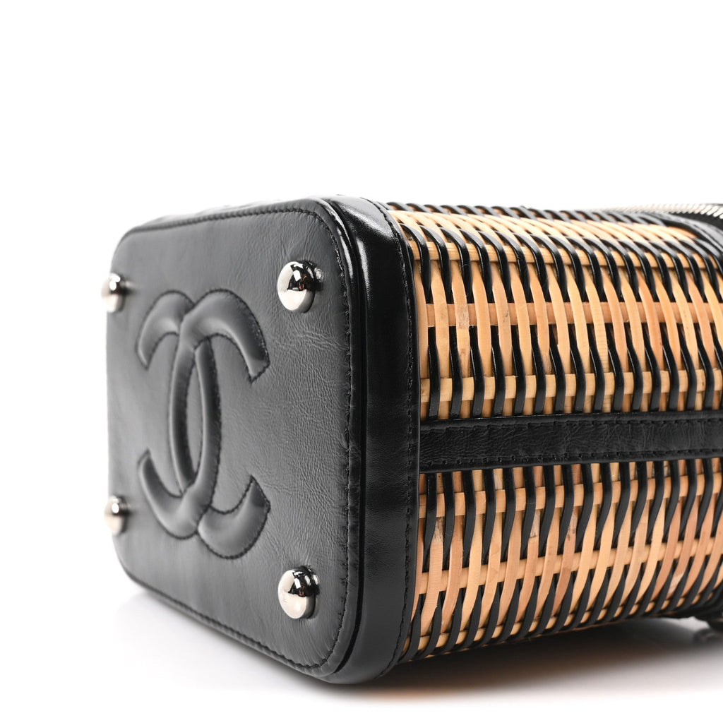 Calfskin Raffia Small Vanity Case Bag Black Beige