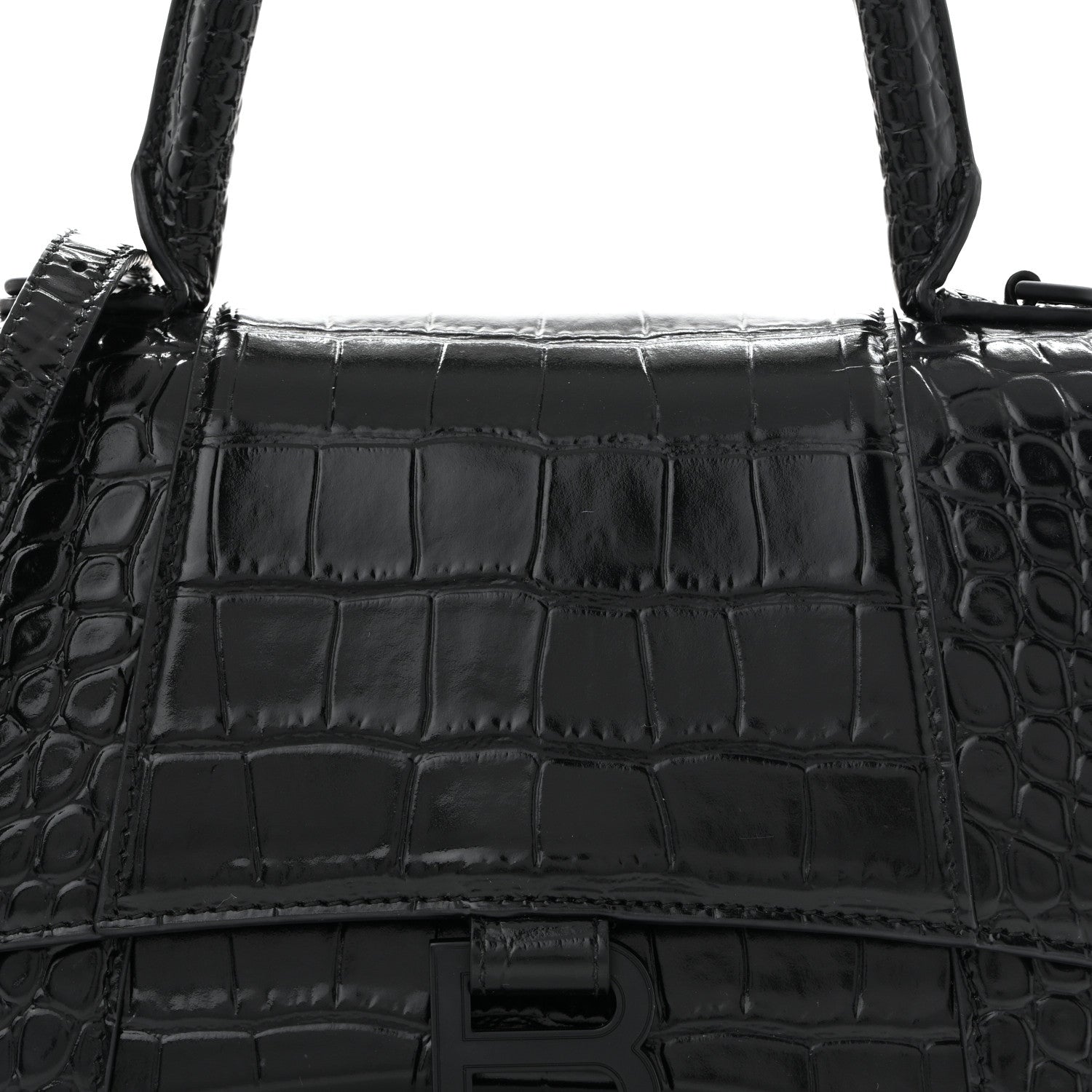 Shiny Calfskin Monochrome Crocodile Embossed Small Hourglass Top Handle Bag Black
