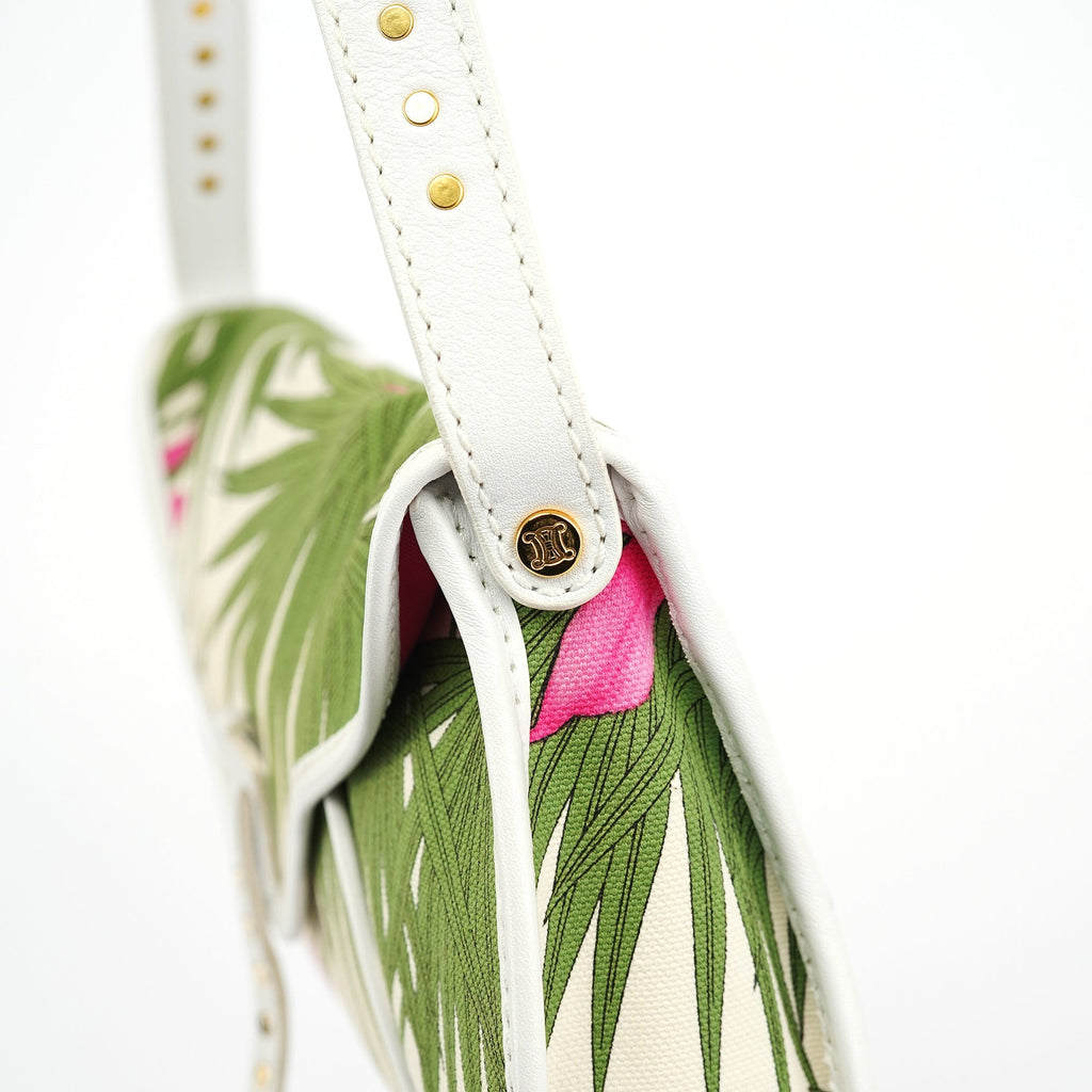 2004 White Hibiscus Print Canvas Shoulder Bag