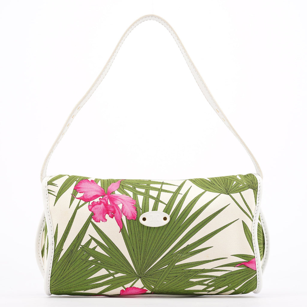 2004 White Hibiscus Print Canvas Shoulder Bag