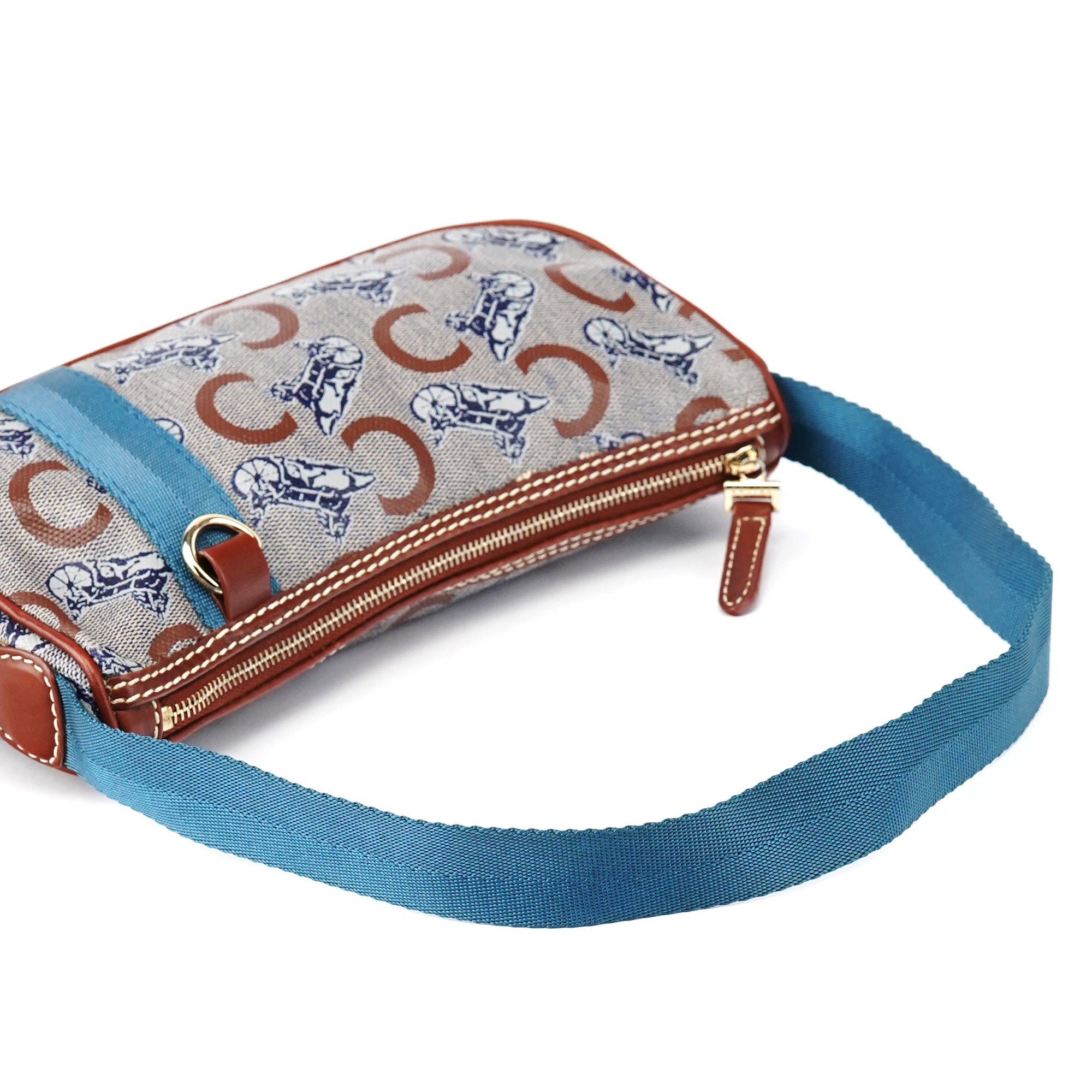 Beige Blue Coated Canvas Mini Hobo Bag