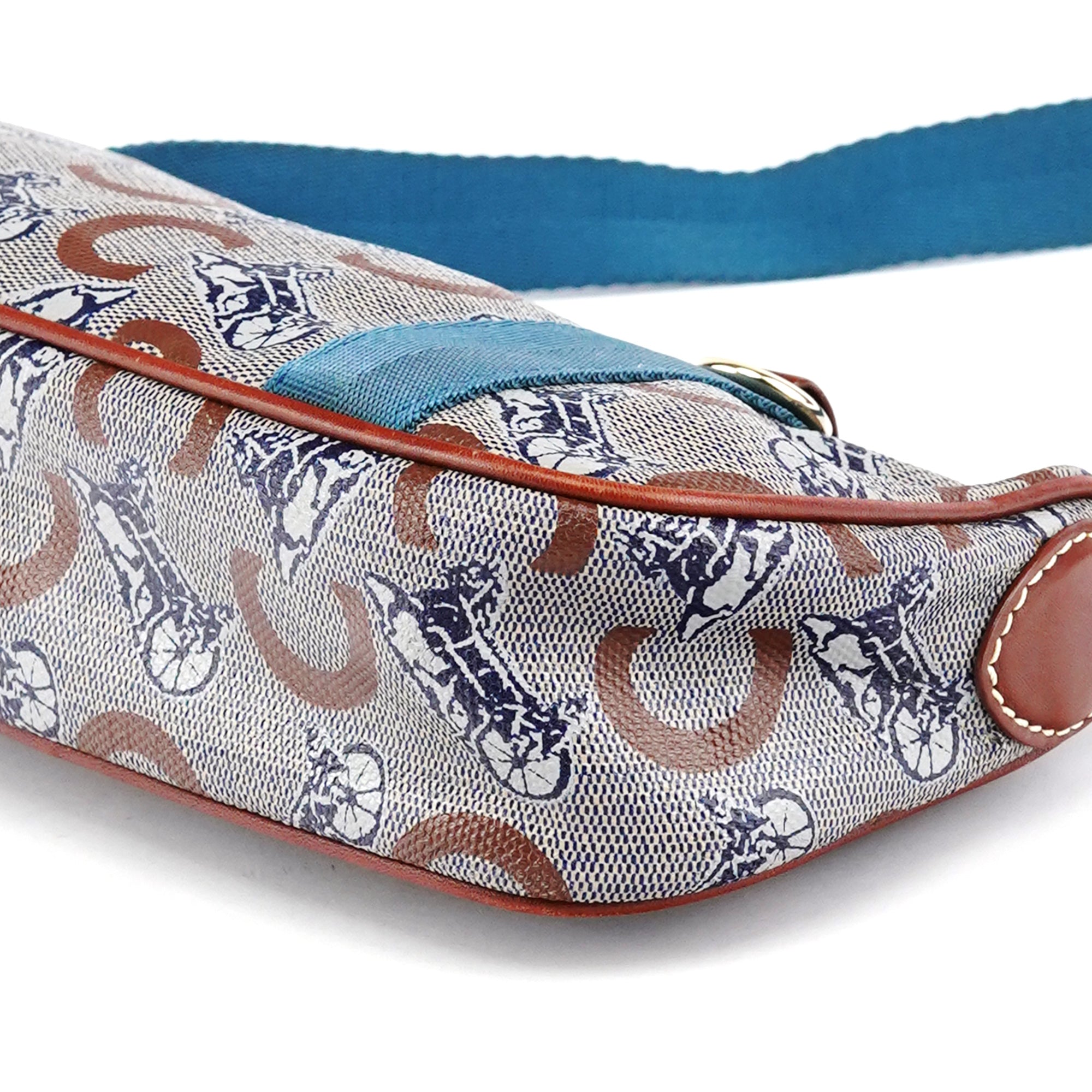 Beige Blue Coated Canvas Mini Hobo Bag