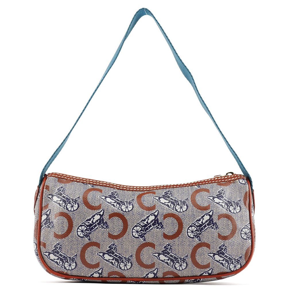 Beige Blue Coated Canvas Mini Hobo Bag