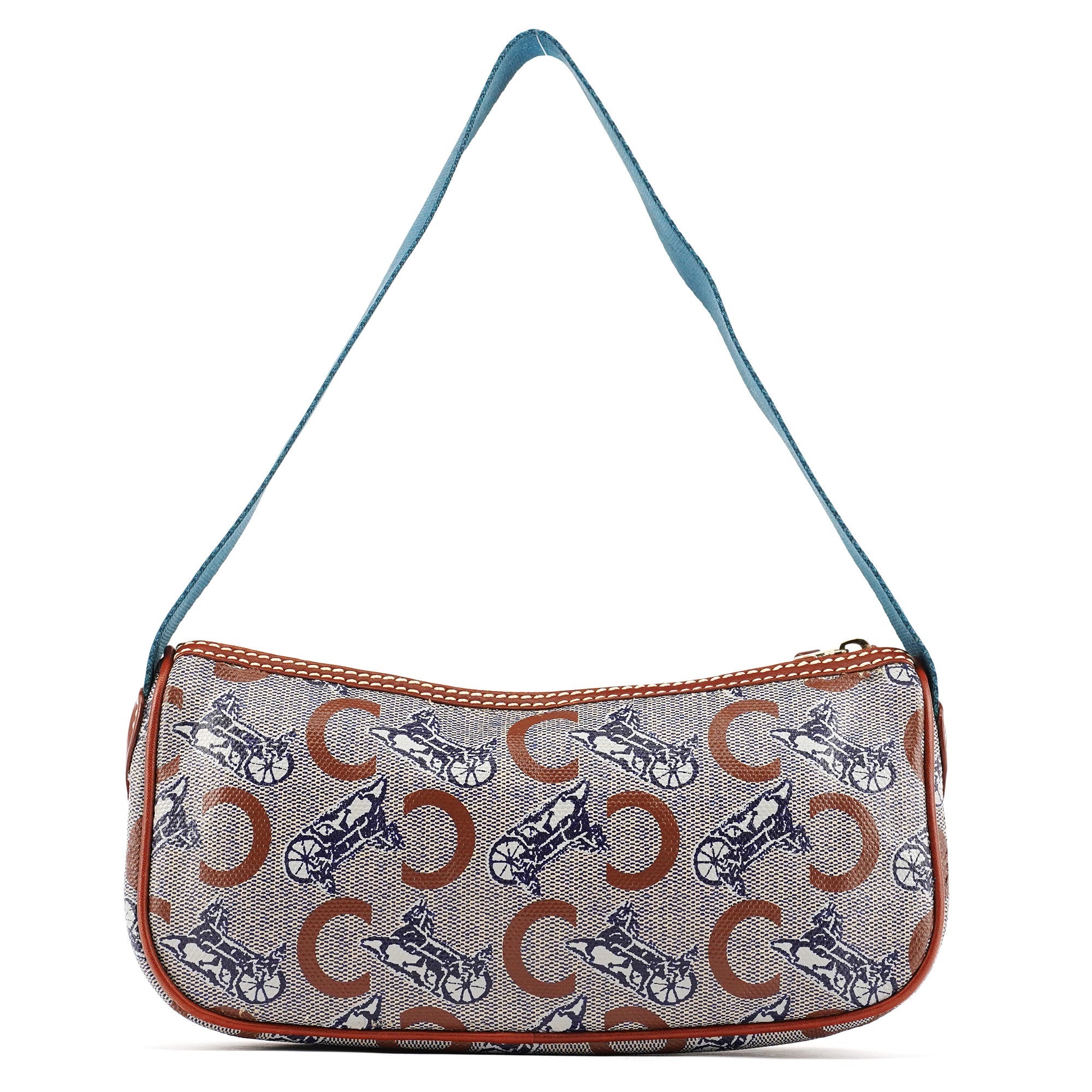 Beige Blue Coated Canvas Mini Hobo Bag