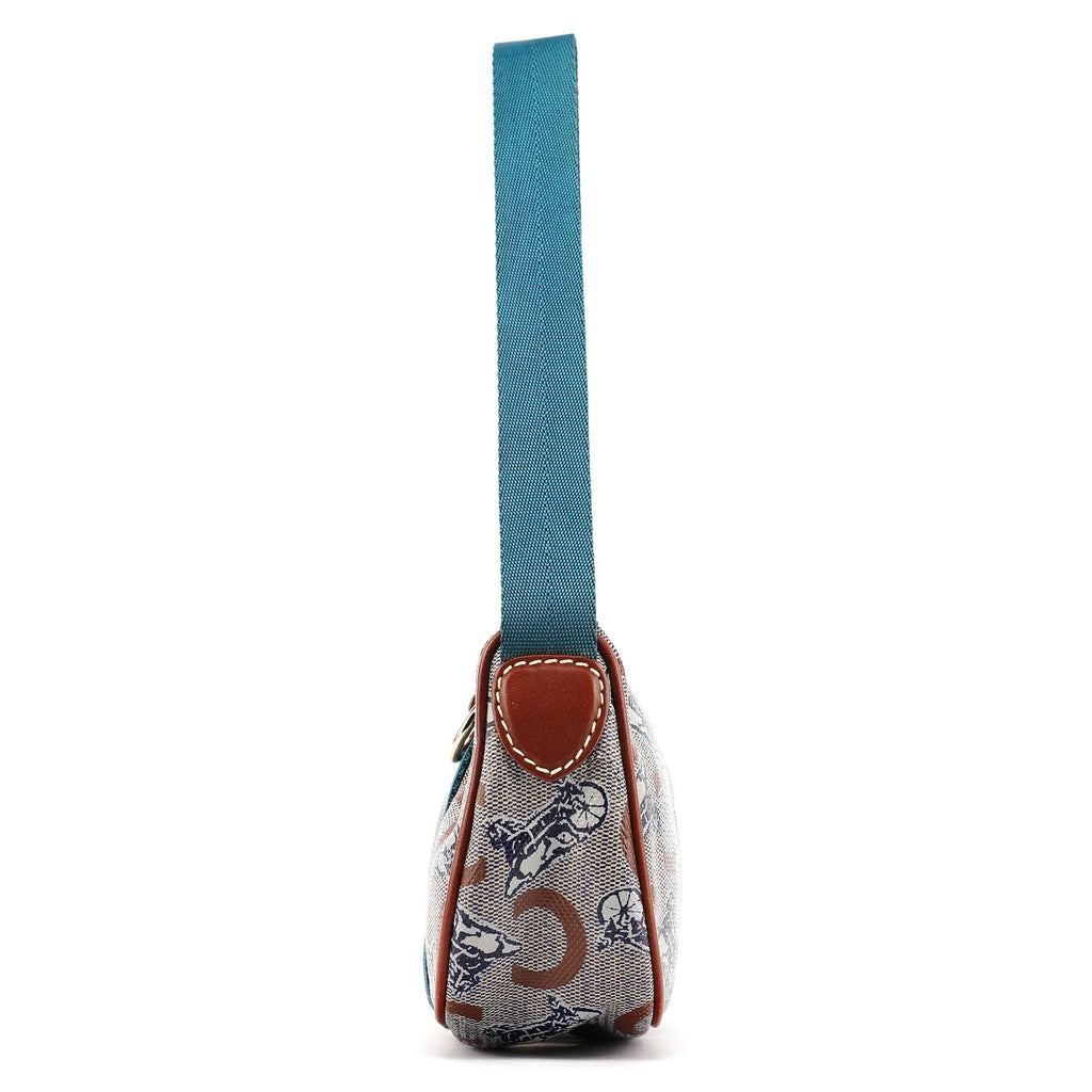 Beige Blue Coated Canvas Mini Hobo Bag
