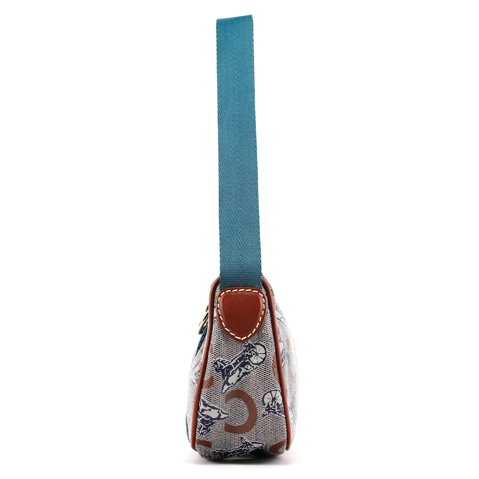 Beige Blue Coated Canvas Mini Hobo Bag