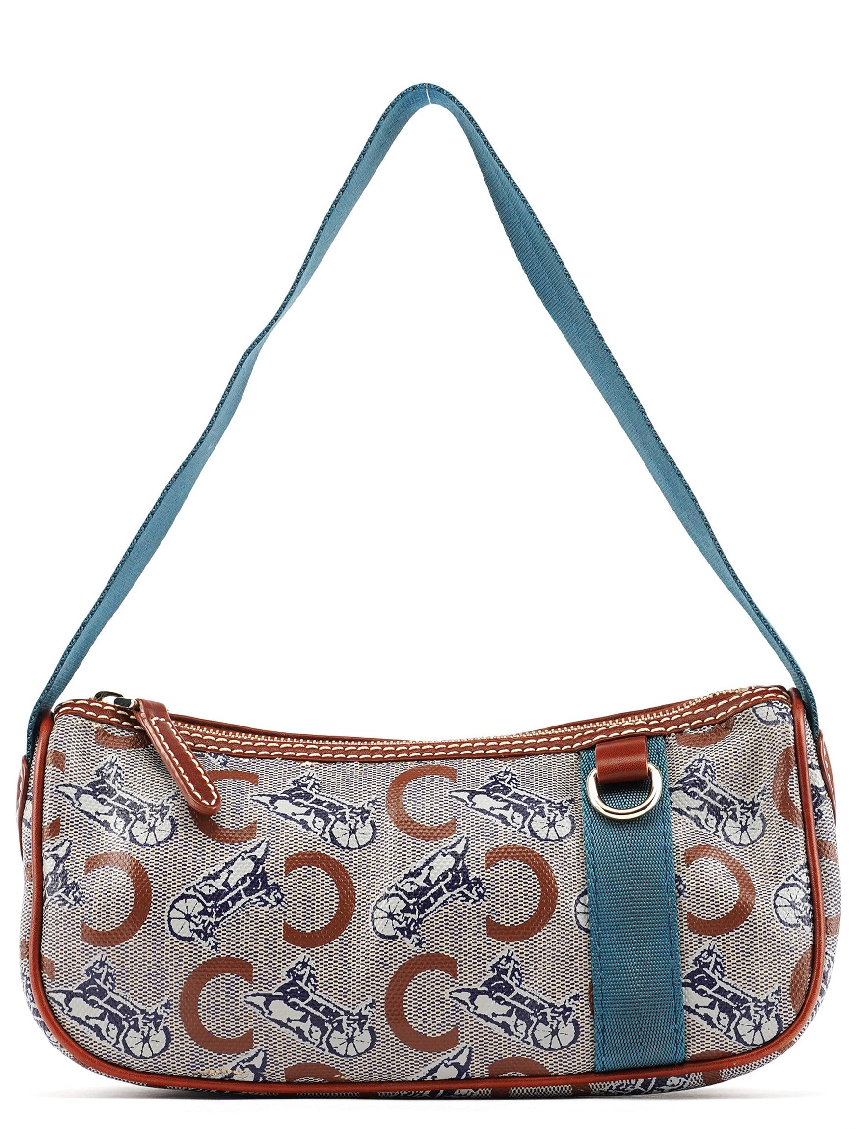 Beige Blue Coated Canvas Mini Hobo Bag