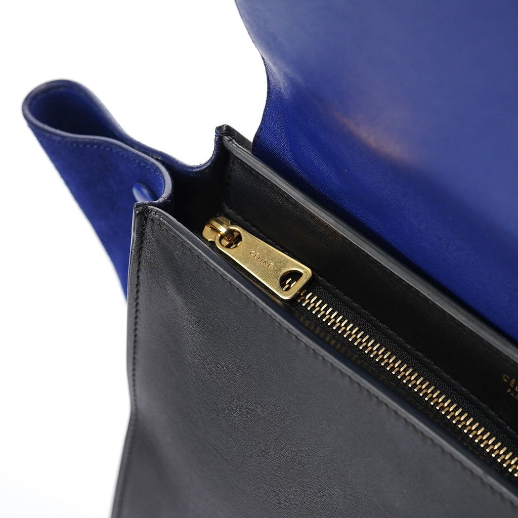 Beige Blue Leather Trapeze 2-Way Bag