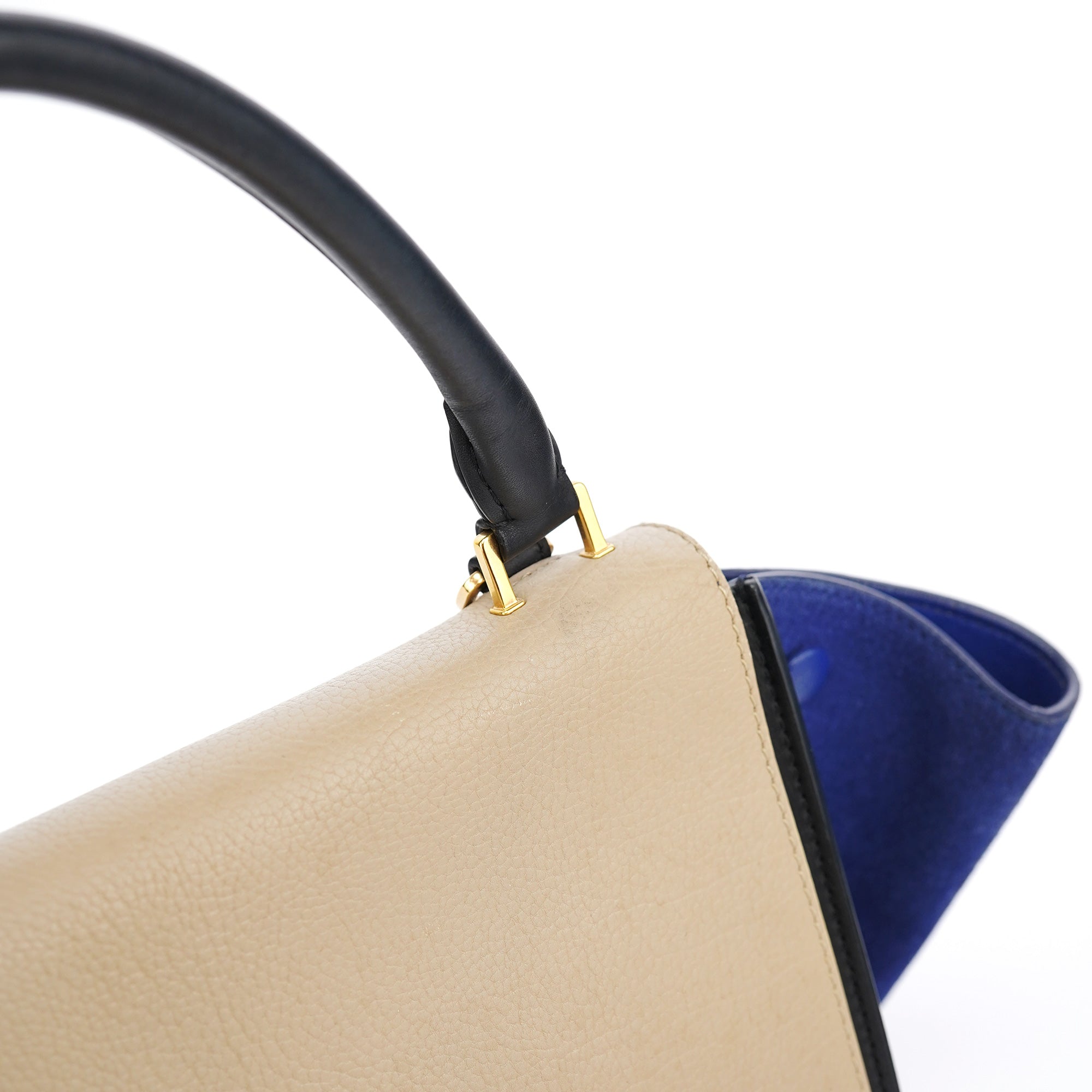 Beige Blue Leather Trapeze 2-Way Bag