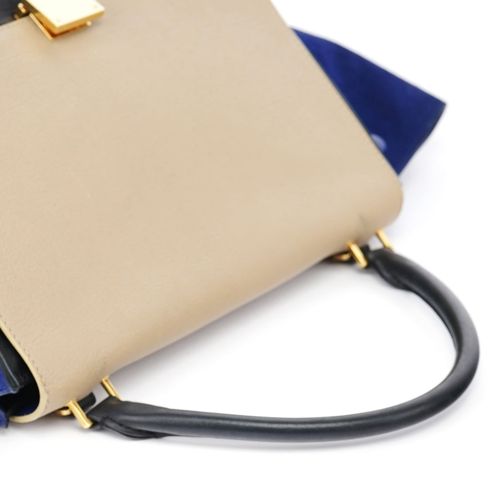Beige Blue Leather Trapeze 2-Way Bag