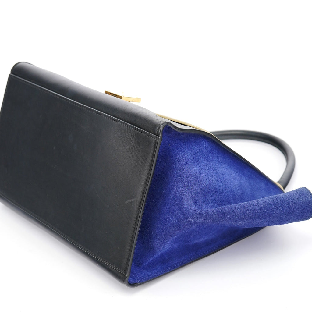 Beige Blue Leather Trapeze 2-Way Bag