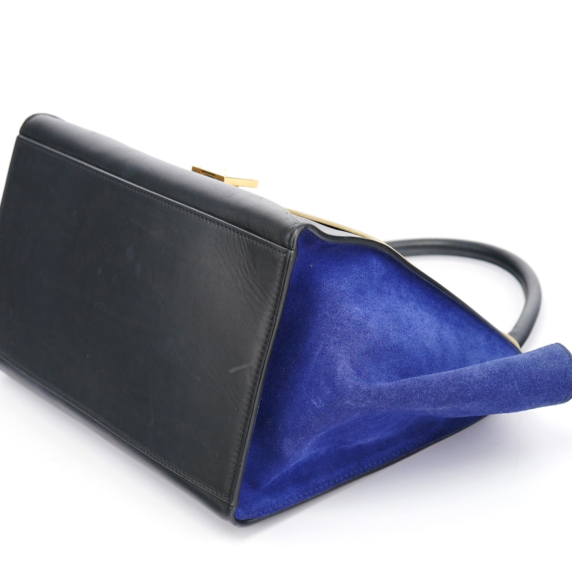 Beige Blue Leather Trapeze 2-Way Bag