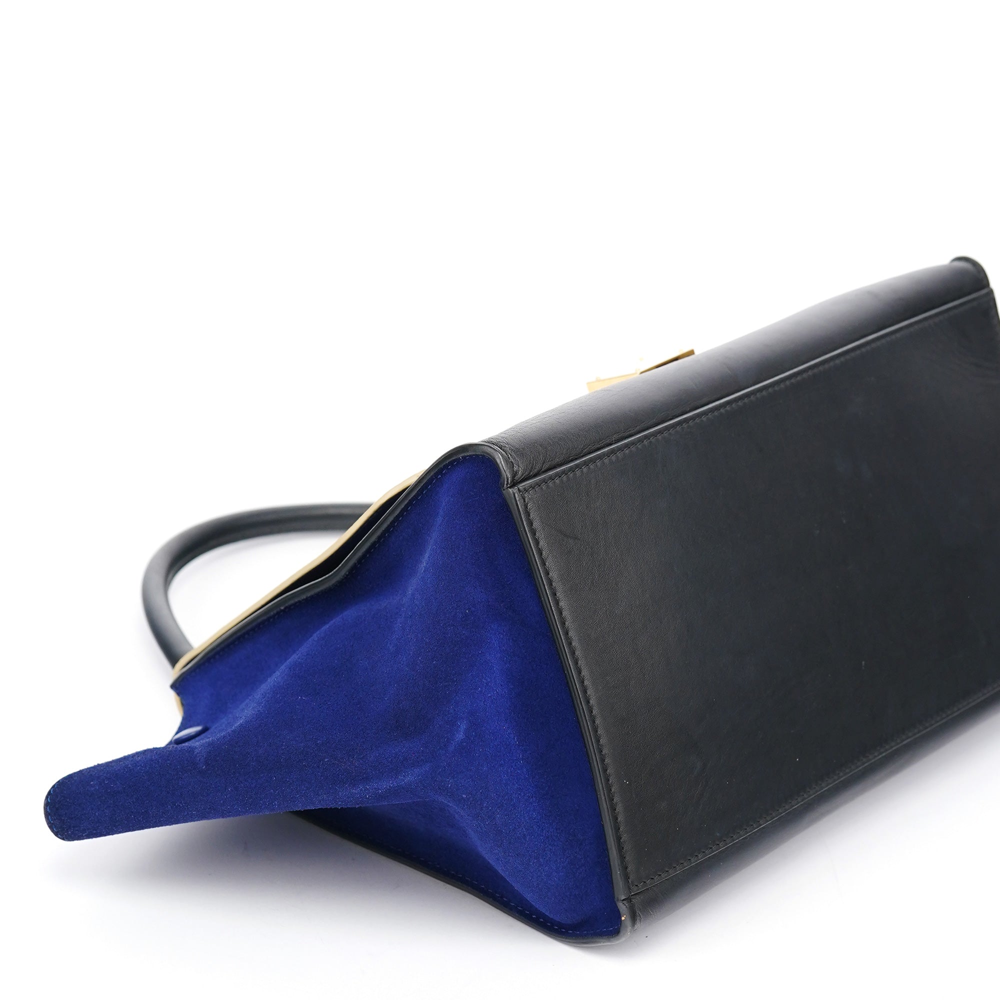 Beige Blue Leather Trapeze 2-Way Bag