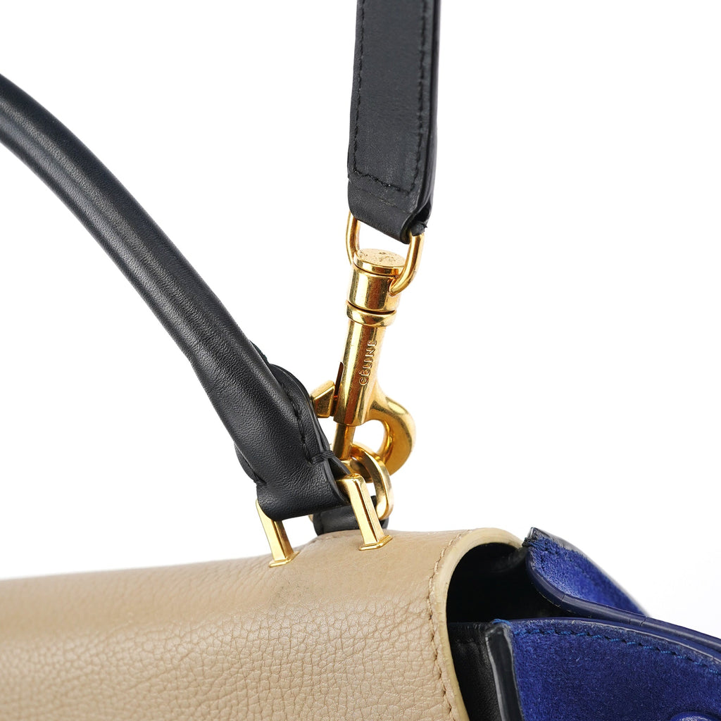 Beige Blue Leather Trapeze 2-Way Bag