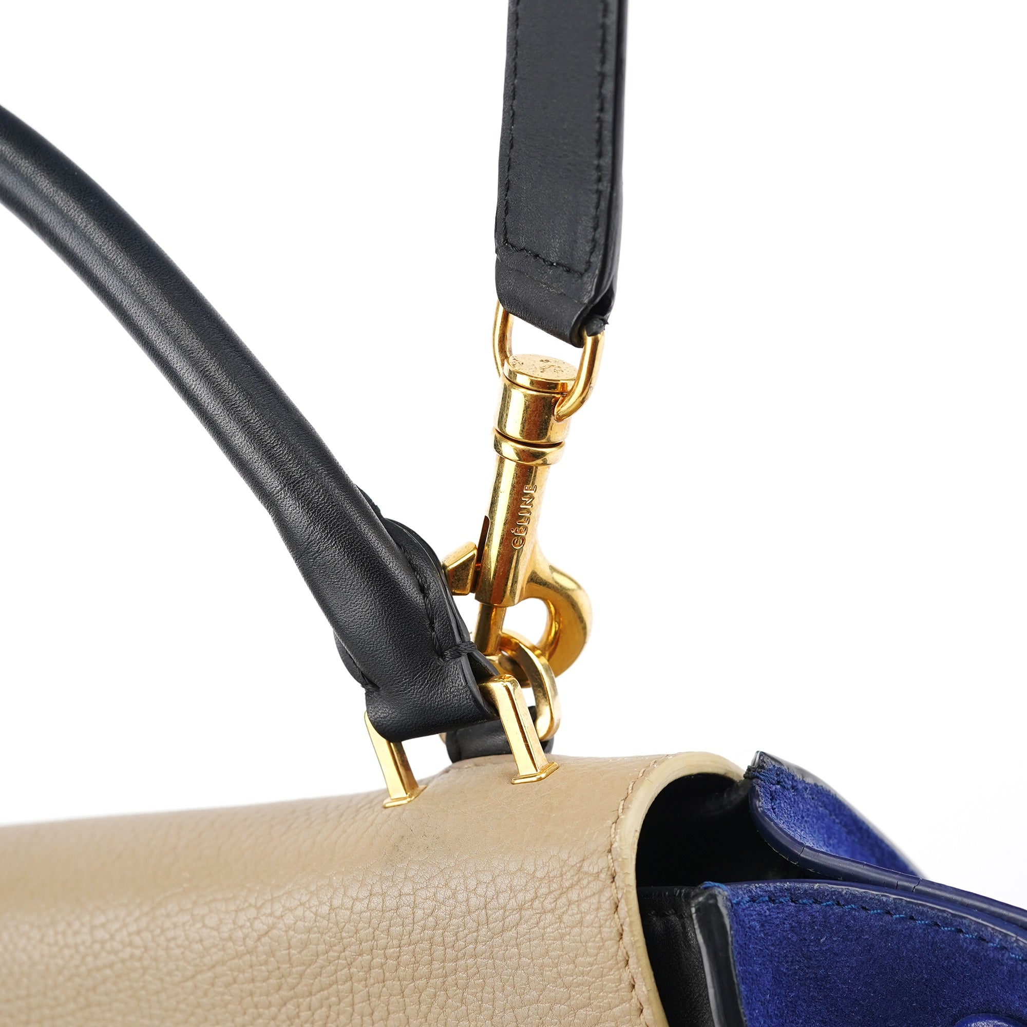 Beige Blue Leather Trapeze 2-Way Bag