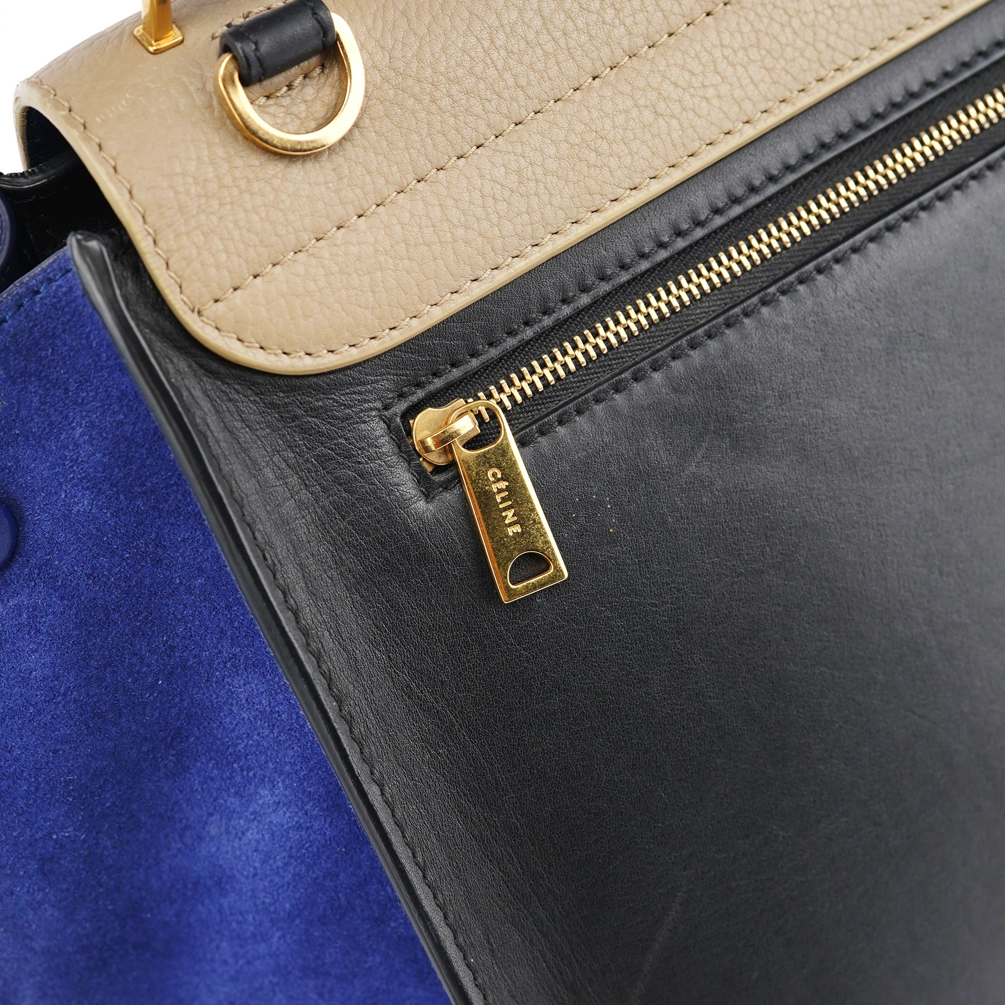 Beige Blue Leather Trapeze 2-Way Bag