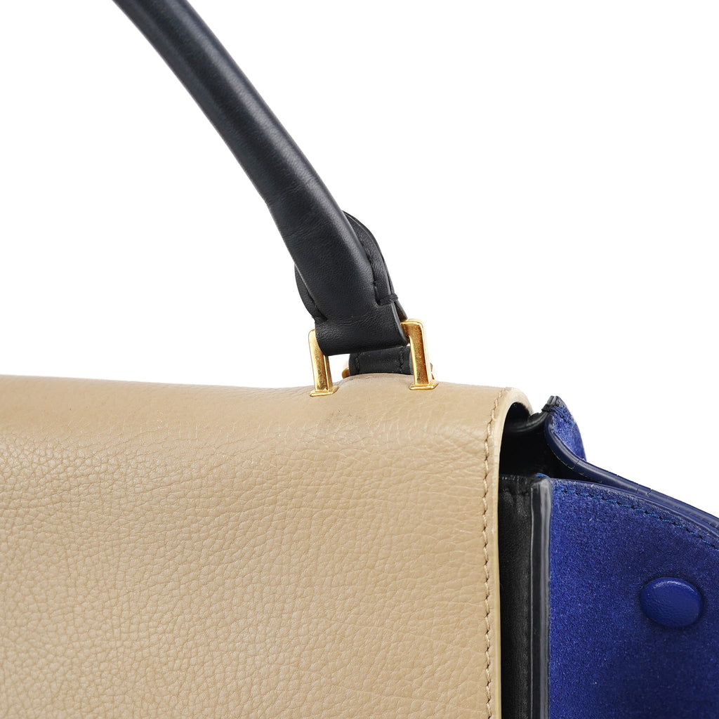 Beige Blue Leather Trapeze 2-Way Bag