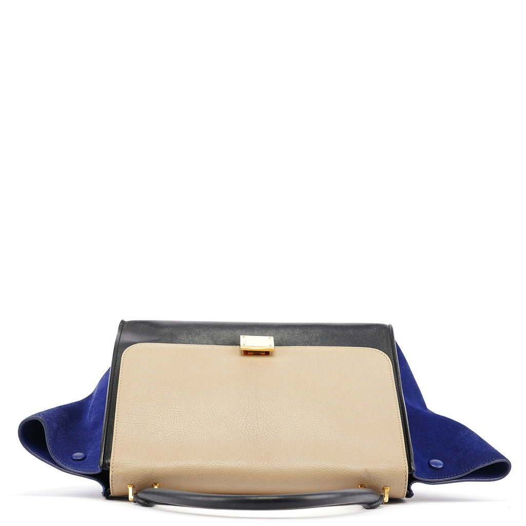 Beige Blue Leather Trapeze 2-Way Bag