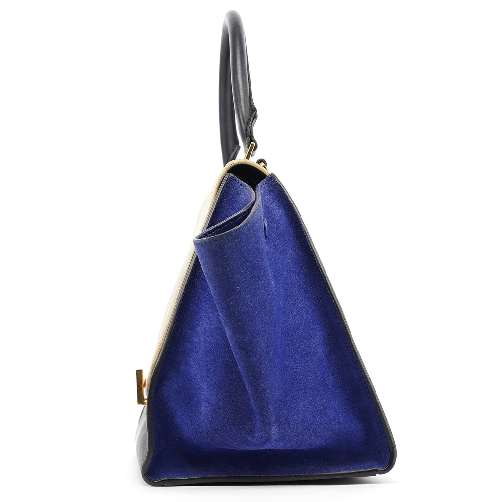 Beige Blue Leather Trapeze 2-Way Bag