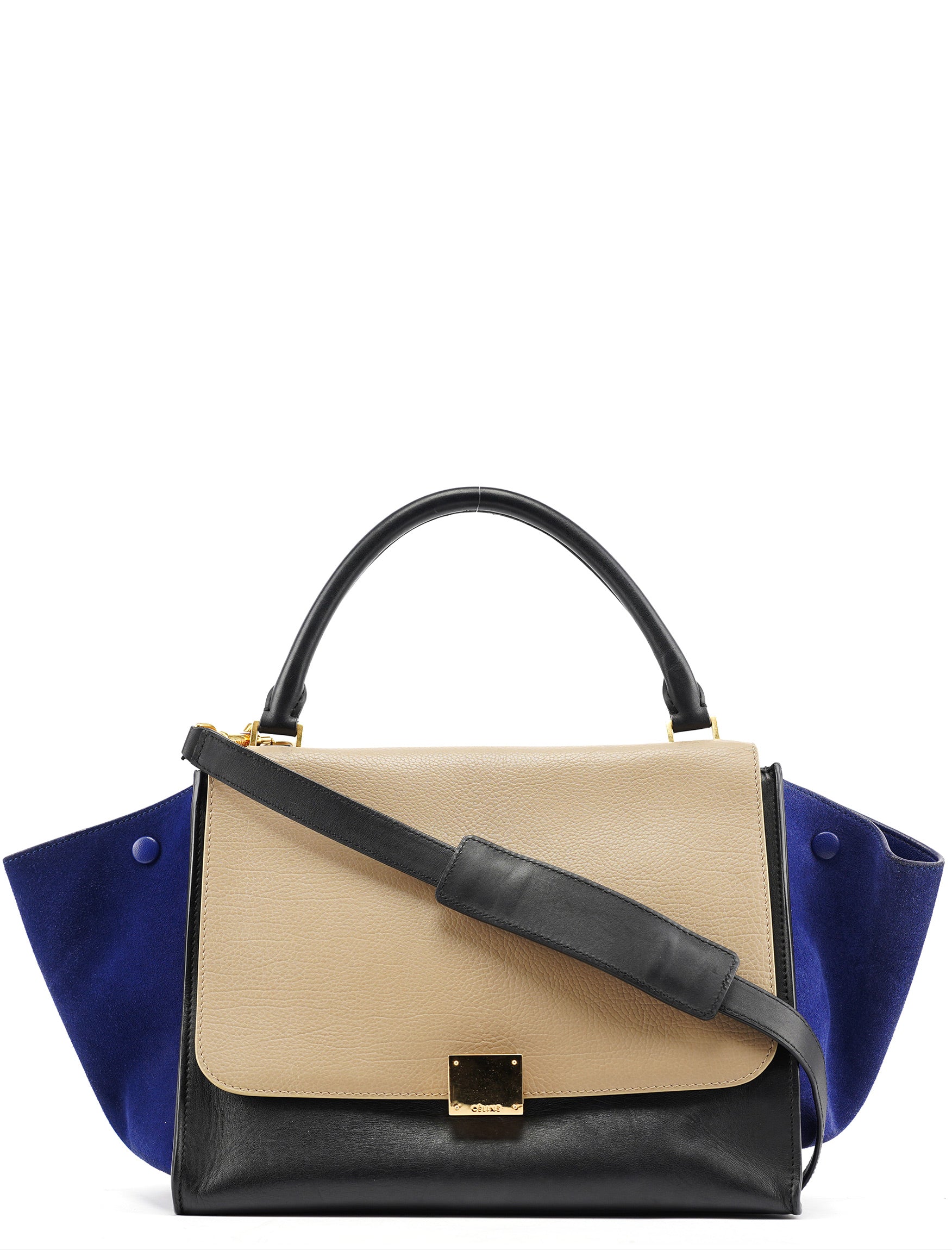 Beige Blue Leather Trapeze 2-Way Bag