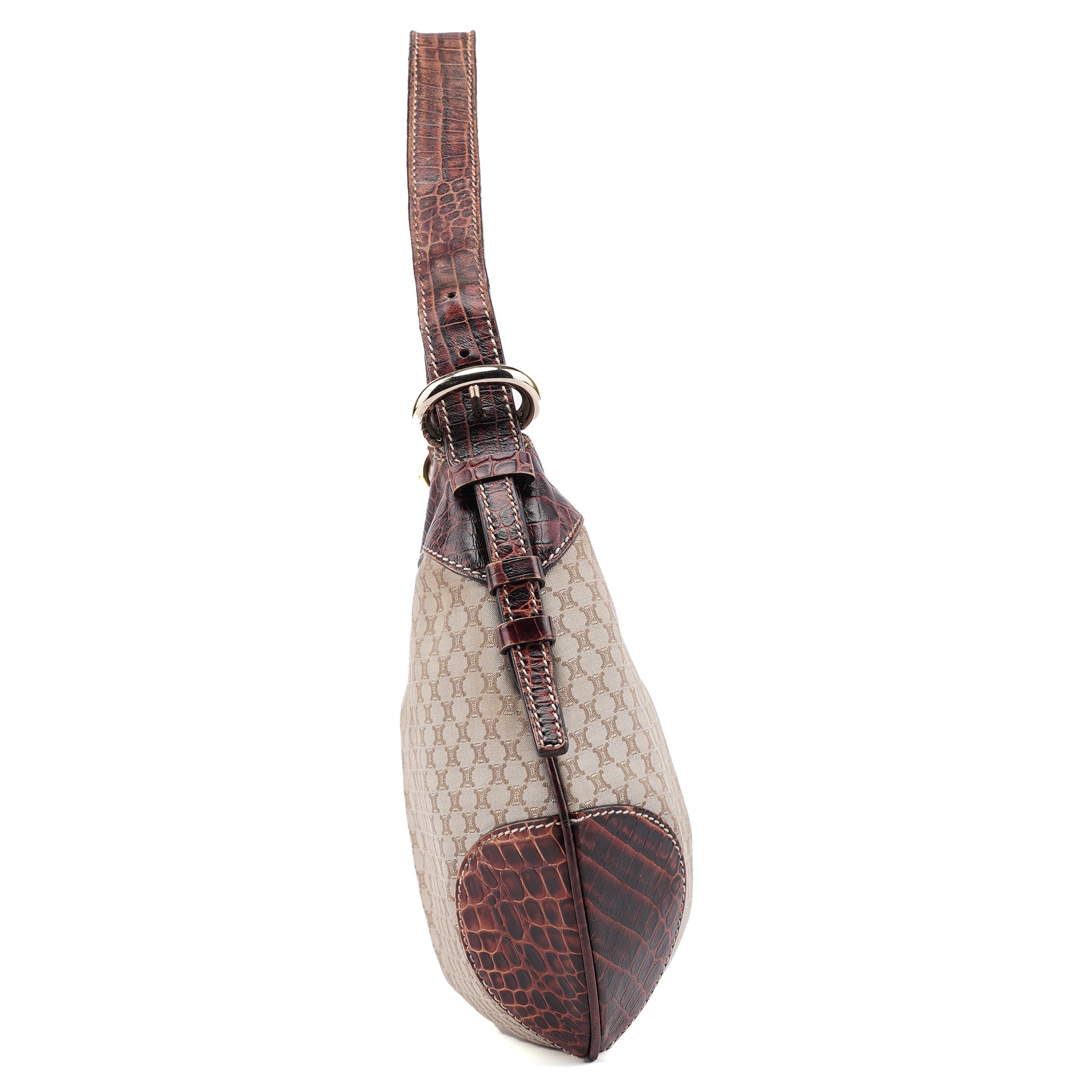 Beige Croc-Embossed Triomphe CC Shoulder Bag