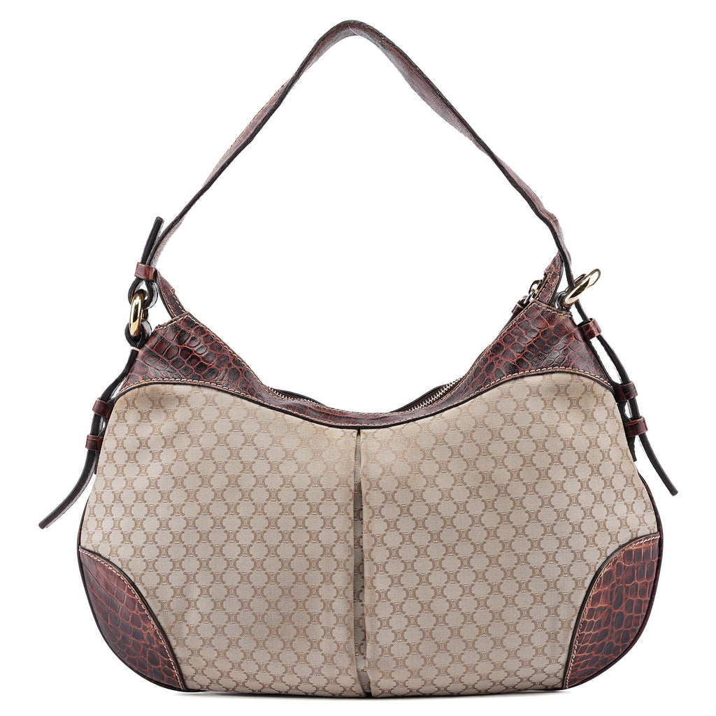 Beige Croc-Embossed Triomphe CC Shoulder Bag