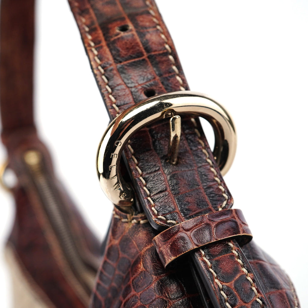 Beige Croc-Embossed Triomphe CC Shoulder Bag