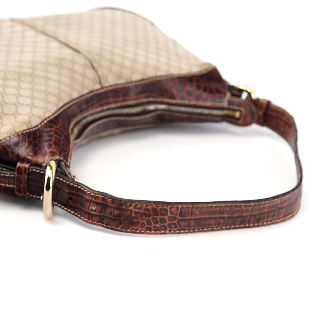 Beige Croc-Embossed Triomphe CC Shoulder Bag
