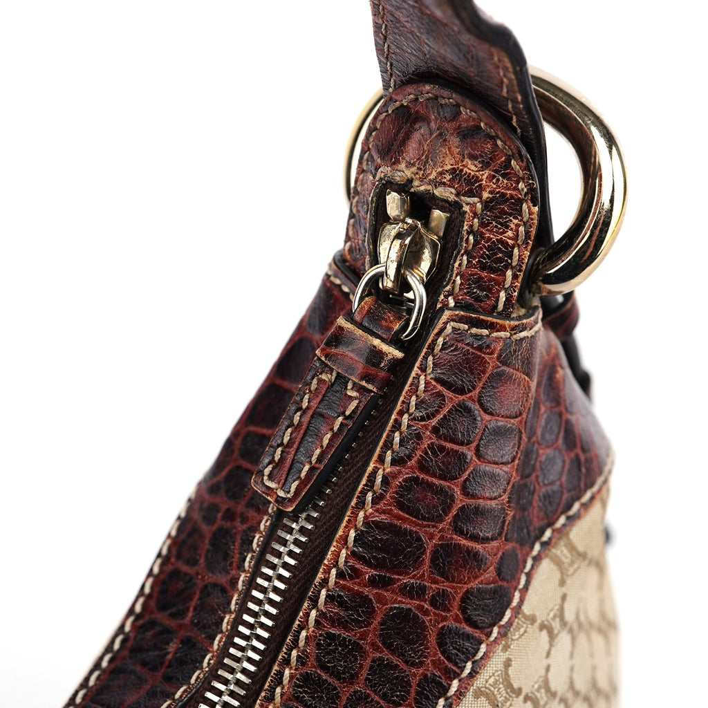 Beige Croc-Embossed Triomphe CC Shoulder Bag