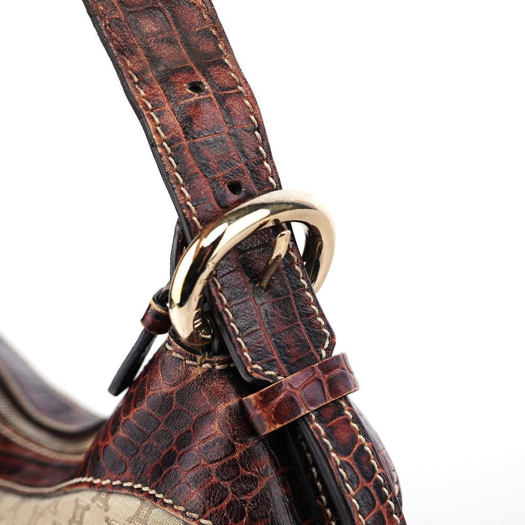 Beige Croc-Embossed Triomphe CC Shoulder Bag