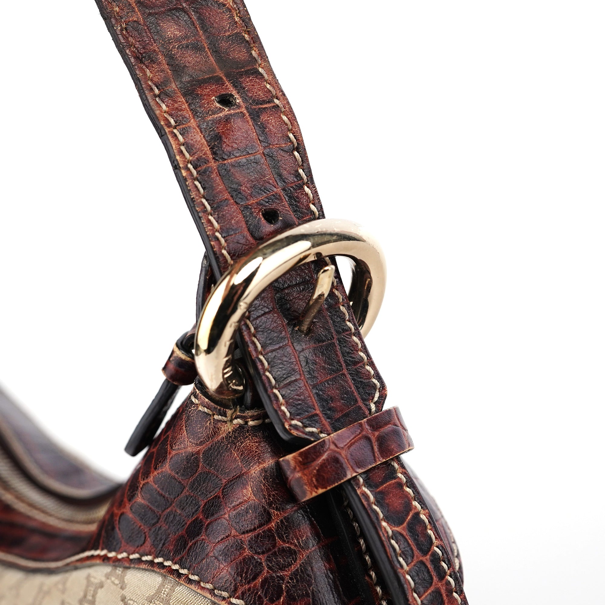 Beige Croc-Embossed Triomphe CC Shoulder Bag