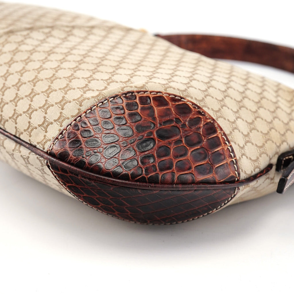 Beige Croc-Embossed Triomphe CC Shoulder Bag