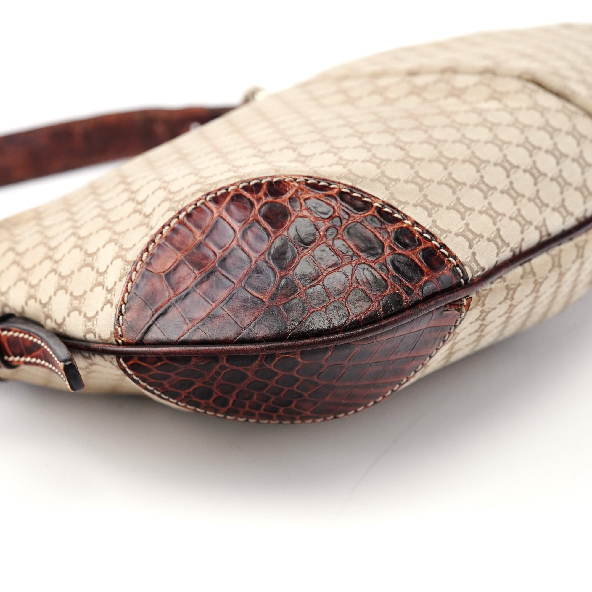 Beige Croc-Embossed Triomphe CC Shoulder Bag