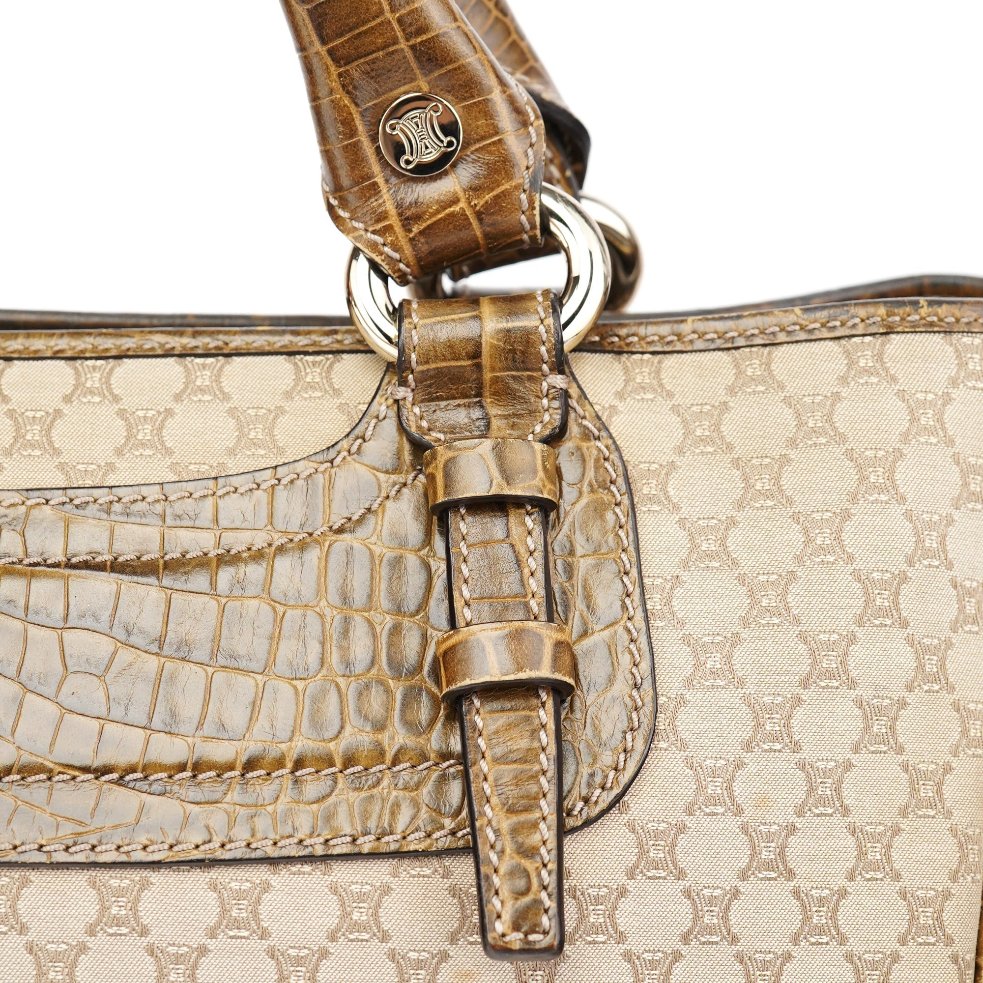 Beige Triomphe Embossed Leather Tote Bag
