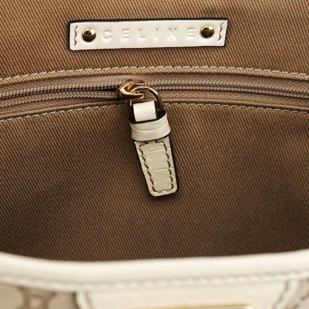 Beige White Monogram Tote Bag
