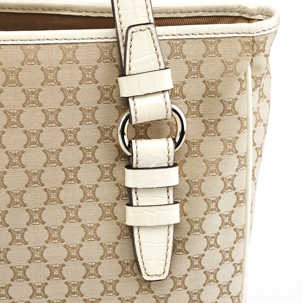 Beige White Monogram Tote Bag
