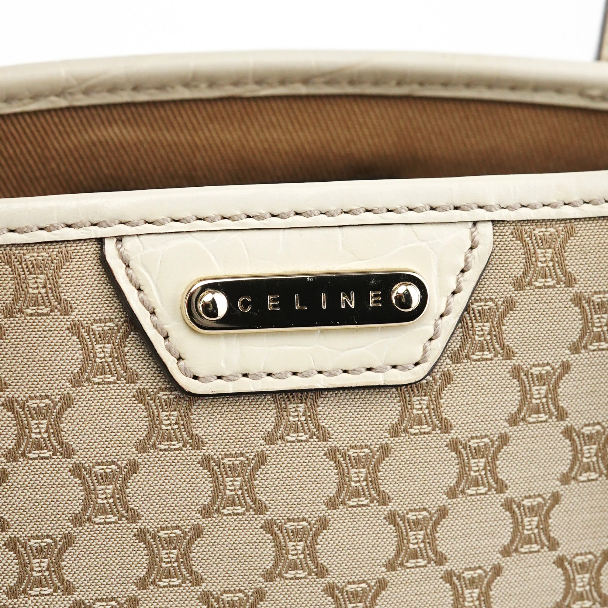 Beige White Monogram Tote Bag