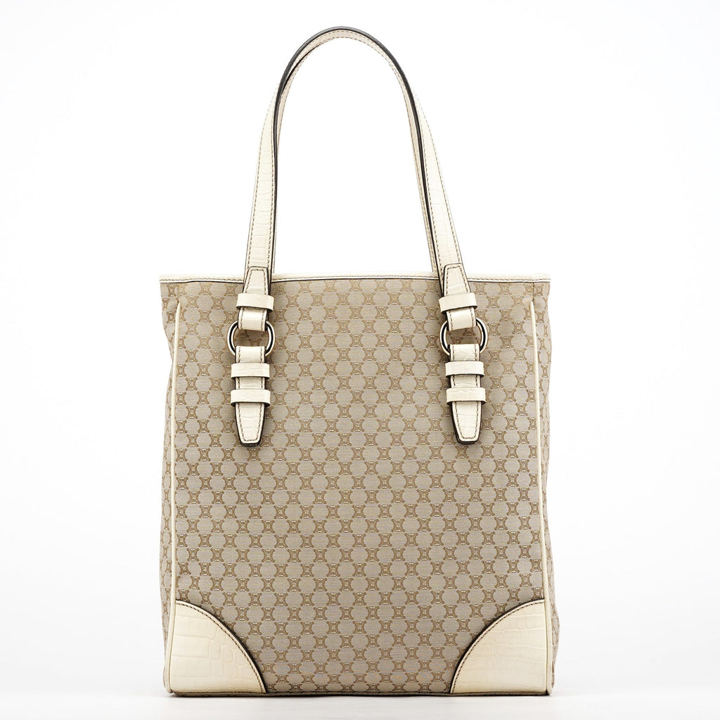 Beige White Monogram Tote Bag