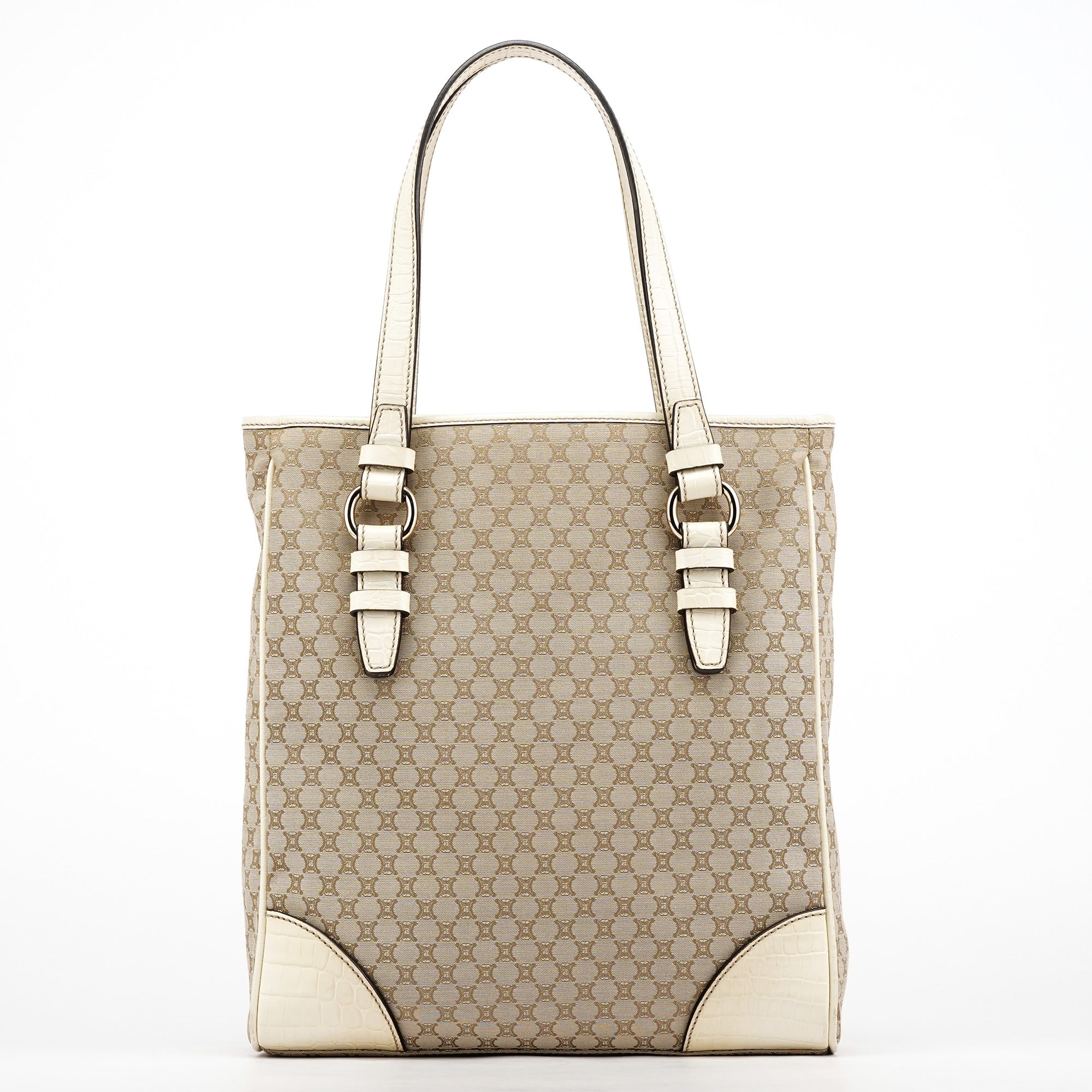 Beige White Monogram Tote Bag