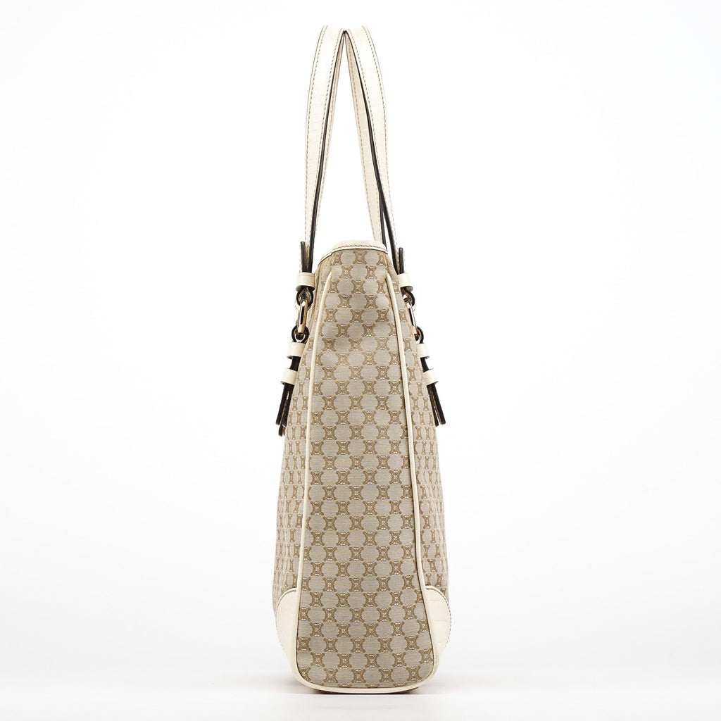 Beige White Monogram Tote Bag