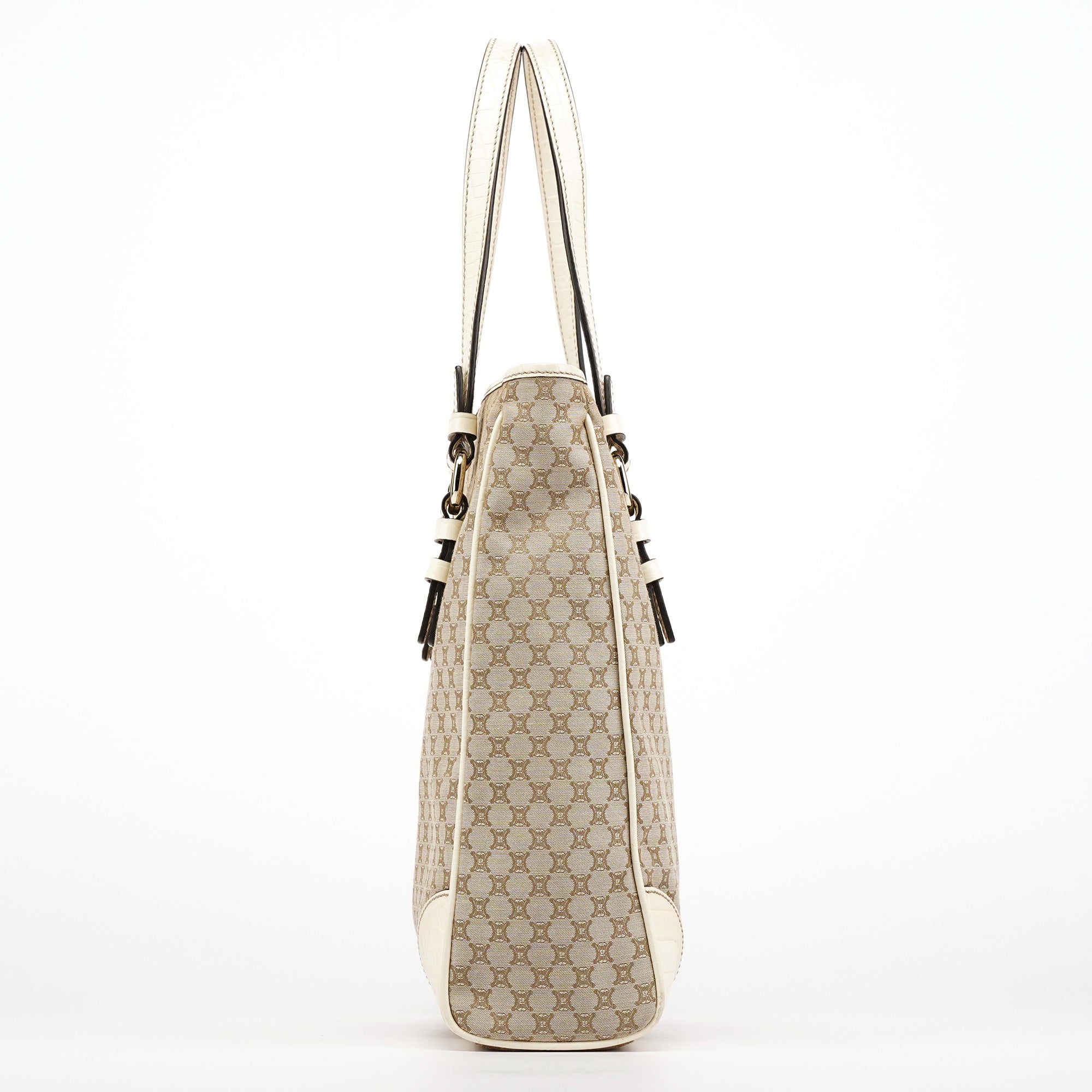 Beige White Monogram Tote Bag