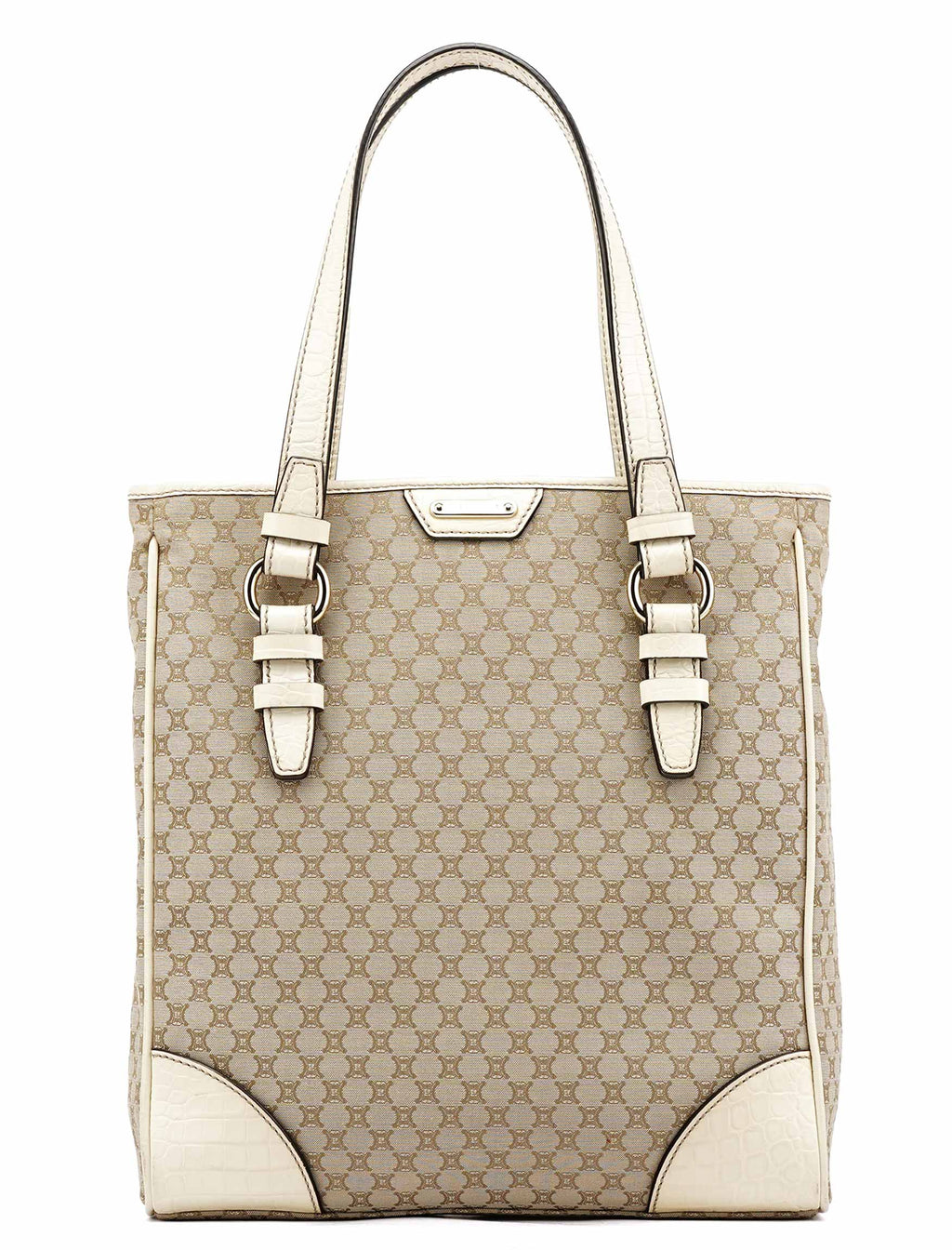 Beige White Monogram Tote Bag